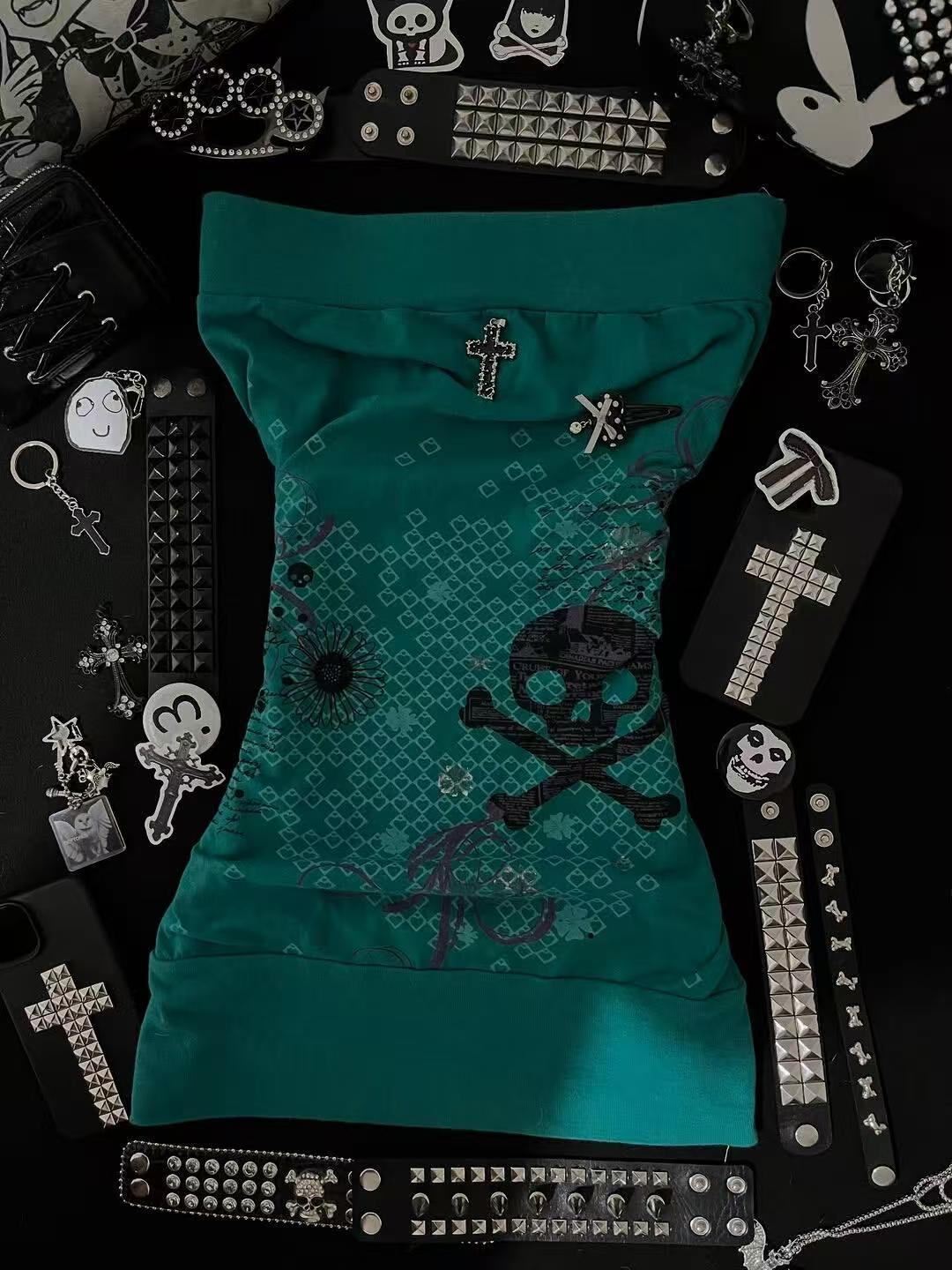 Women'S Y2K Fashion Aesthetic - Gothic Skull Print Tube Tops Women