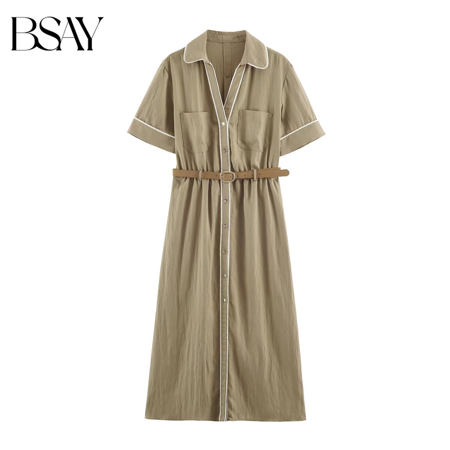 Belted Shirt Dress - BSAY French Style Women Contrast Piping