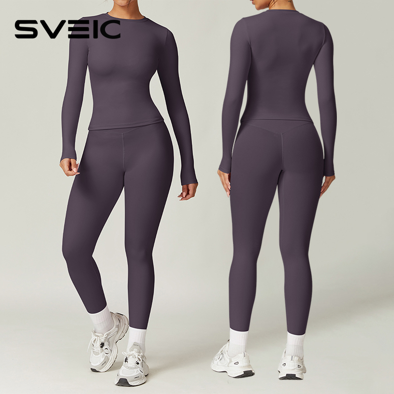 Women'S Fashion Leggings - SVEIC Long Sleeves Yoga Set Leggings