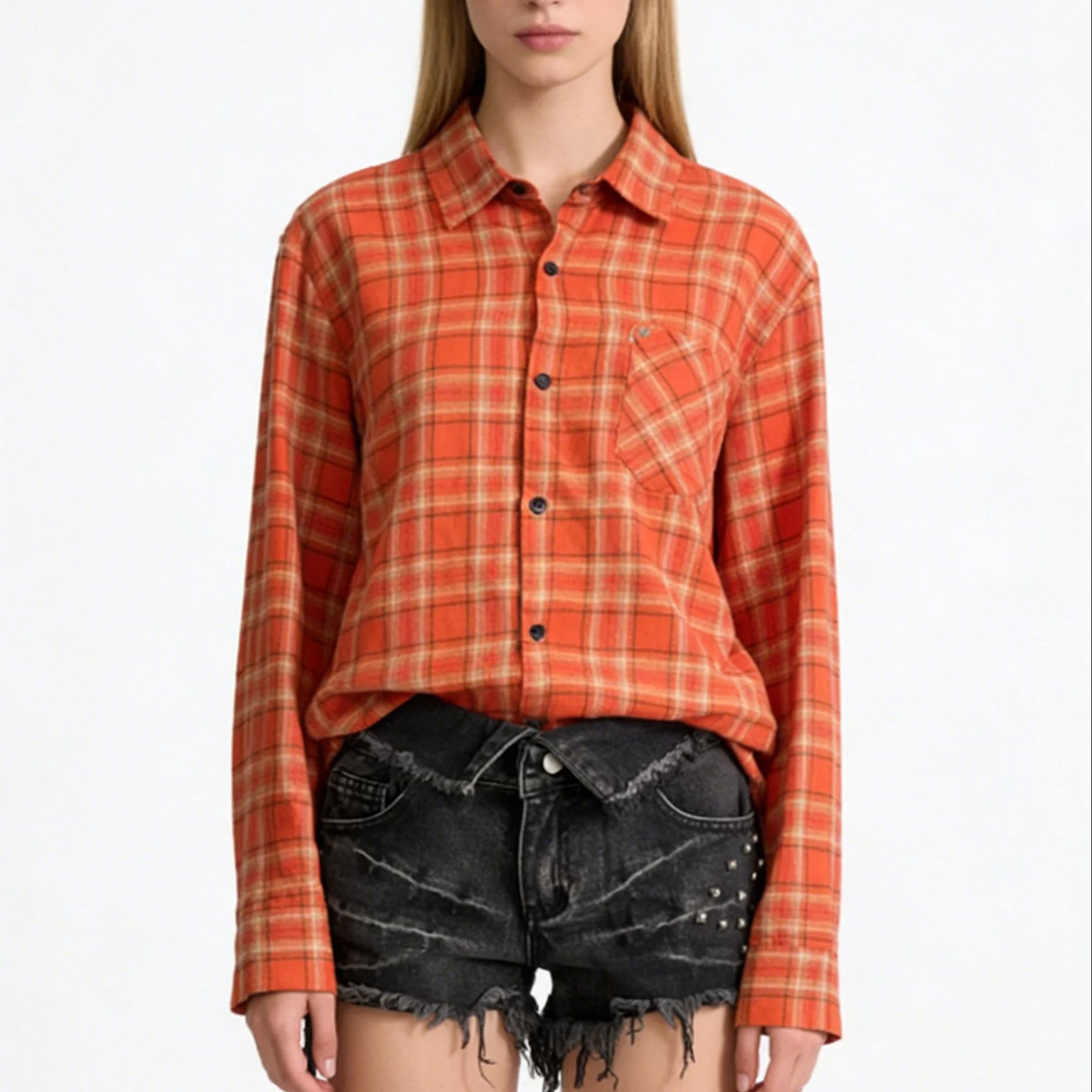 Women's Orange Collared Long S - Women'S Y2K Fashion Aesthetic review and price