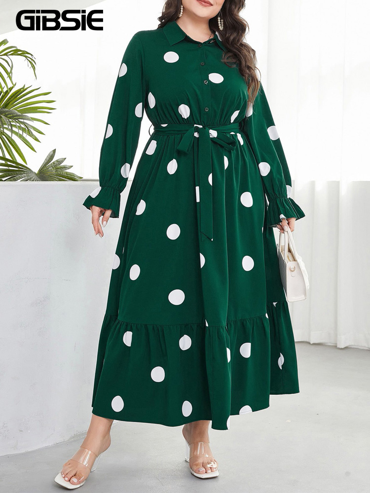 GIBSIE Plus Size Polka Dot Hal - Belted Shirt Dress review and price